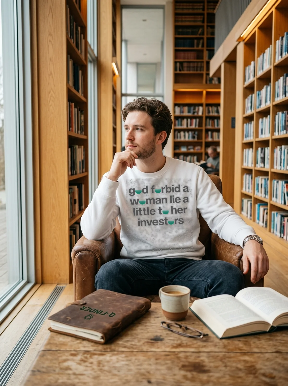 god forbid a woman lie a little to her investors white sweatshirt book lounge God Forbid A Woman Lie A Little To Her Investors Shirt - Close-up Graphic Detail Mockup