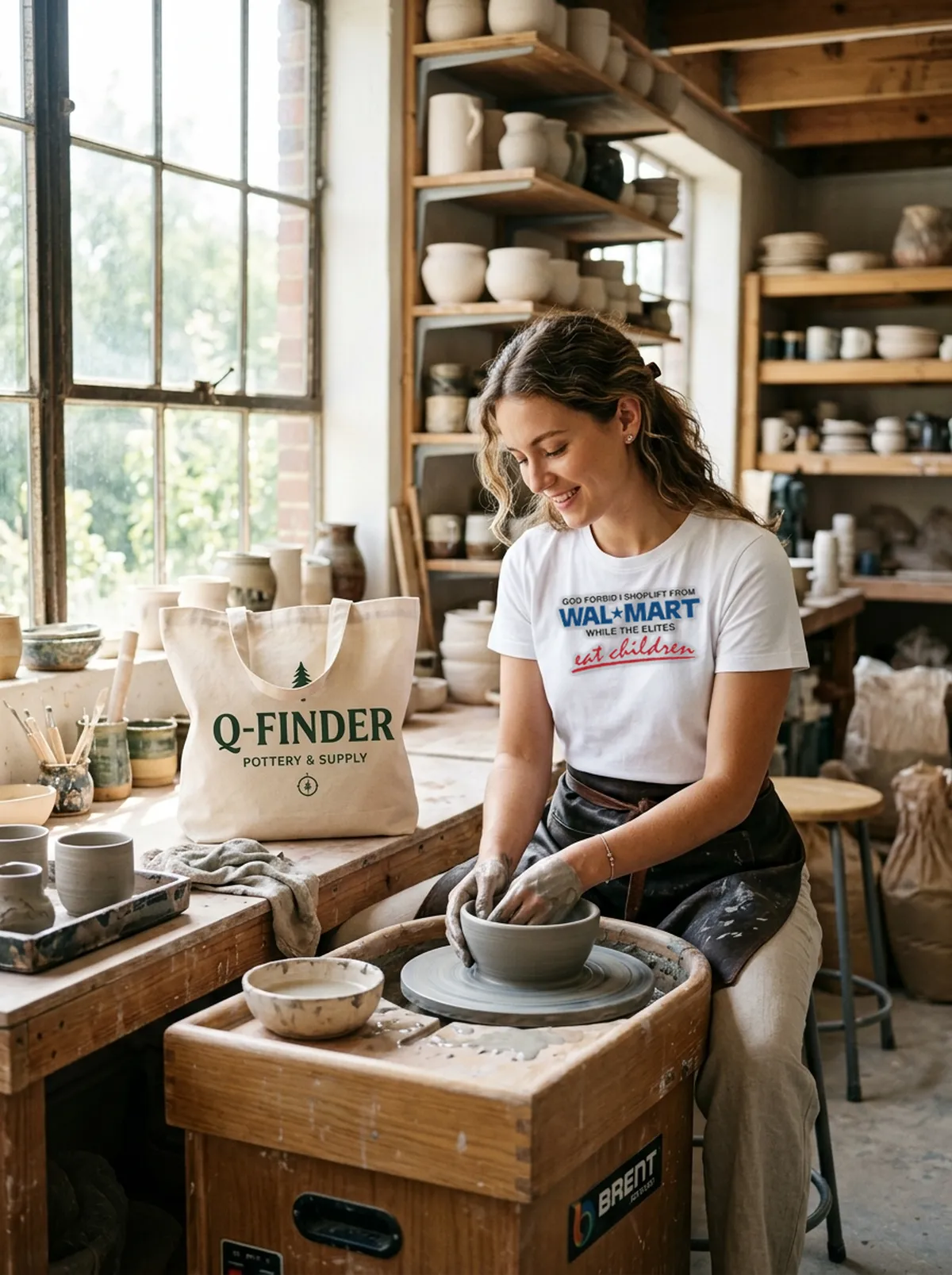 god forbid i shoplift from the department store while white tshirt pottery studio God Forbid I Shoplift From The Department Store While The Elites Eat Children Shirt - Back or Alternative Angle Mockup