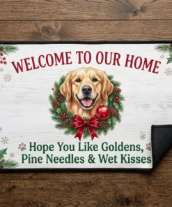 Golden Retriever Holiday Pine Needles And Wet Kisses Christmas Doormat - Close-up Graphic Detail Mockup