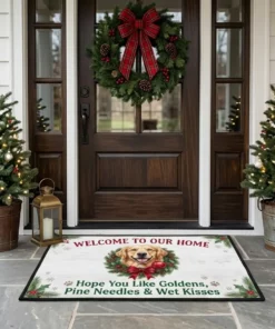 Golden Retriever Holiday Pine Needles And Wet Kisses Christmas Doormat - Front View Main Mockup