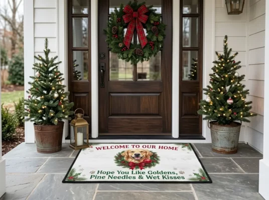 Golden Retriever Holiday Pine Needles And Wet Kisses Christmas Doormat - Front View Main Mockup