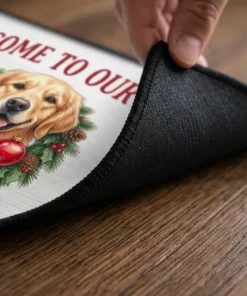 Golden Retriever Holiday Pine Needles And Wet Kisses Christmas Doormat - Lifestyle Model Mockup