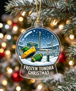 Green Bay Packers Lambeau Field Frozen Tundra Snow Globe 2026 Custom Acrylic Ornament - Front View Main Mockup