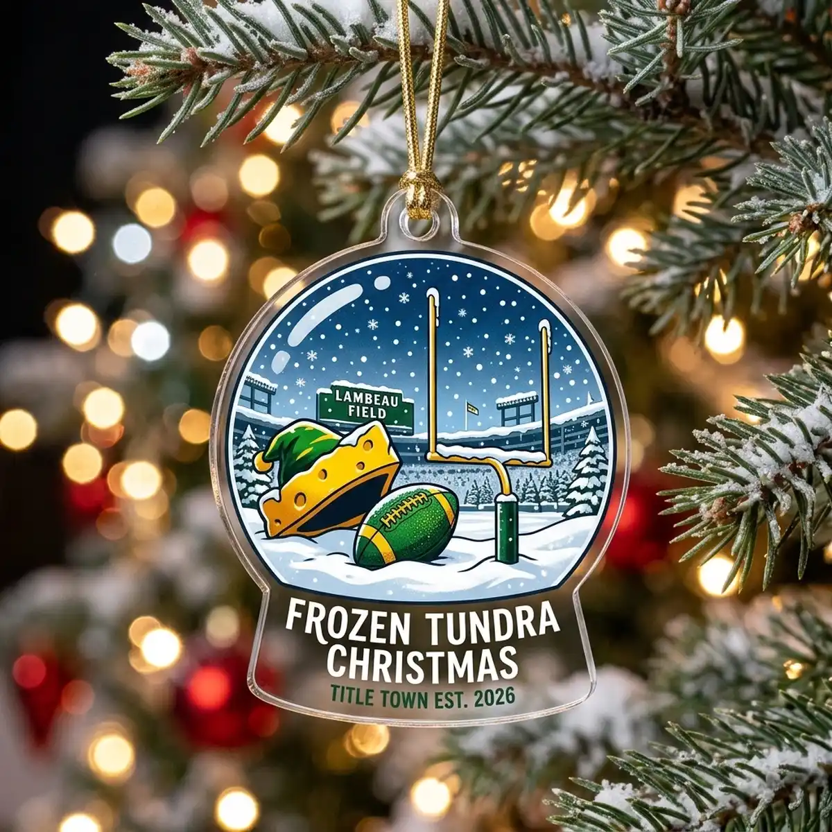 green bay packers lambeau field frozen tundra 2026 custom acrylic ornament hero Green Bay Packers Lambeau Field Frozen Tundra Snow Globe 2026 Custom Acrylic Ornament - Front View Main Mockup