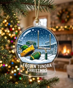 Green Bay Packers Lambeau Field Frozen Tundra Snow Globe 2026 Custom Acrylic Ornament - Lifestyle Model Mockup