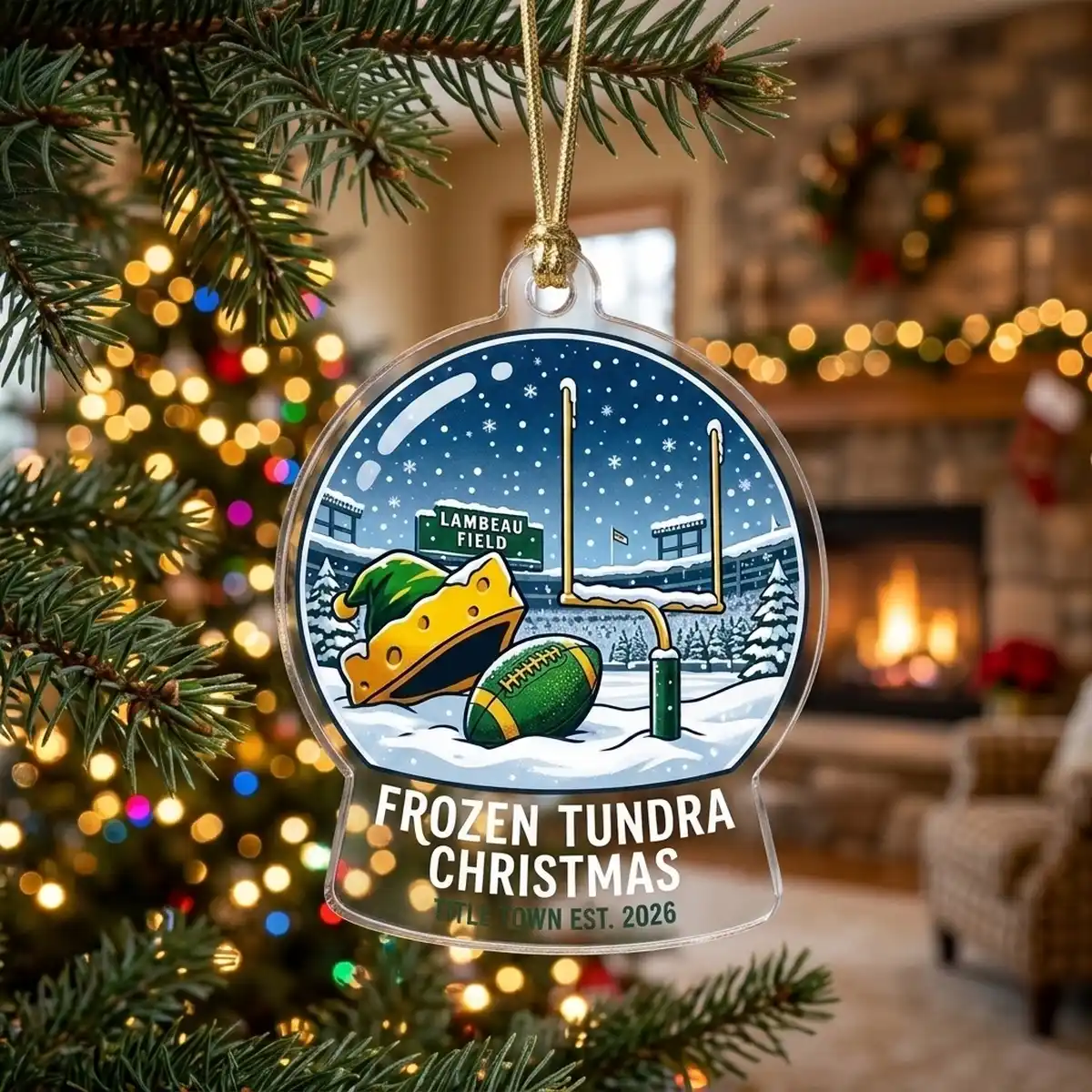 Green Bay Packers Lambeau Field Frozen Tundra Snow Globe 2026 Custom Acrylic Ornament - Design Preview