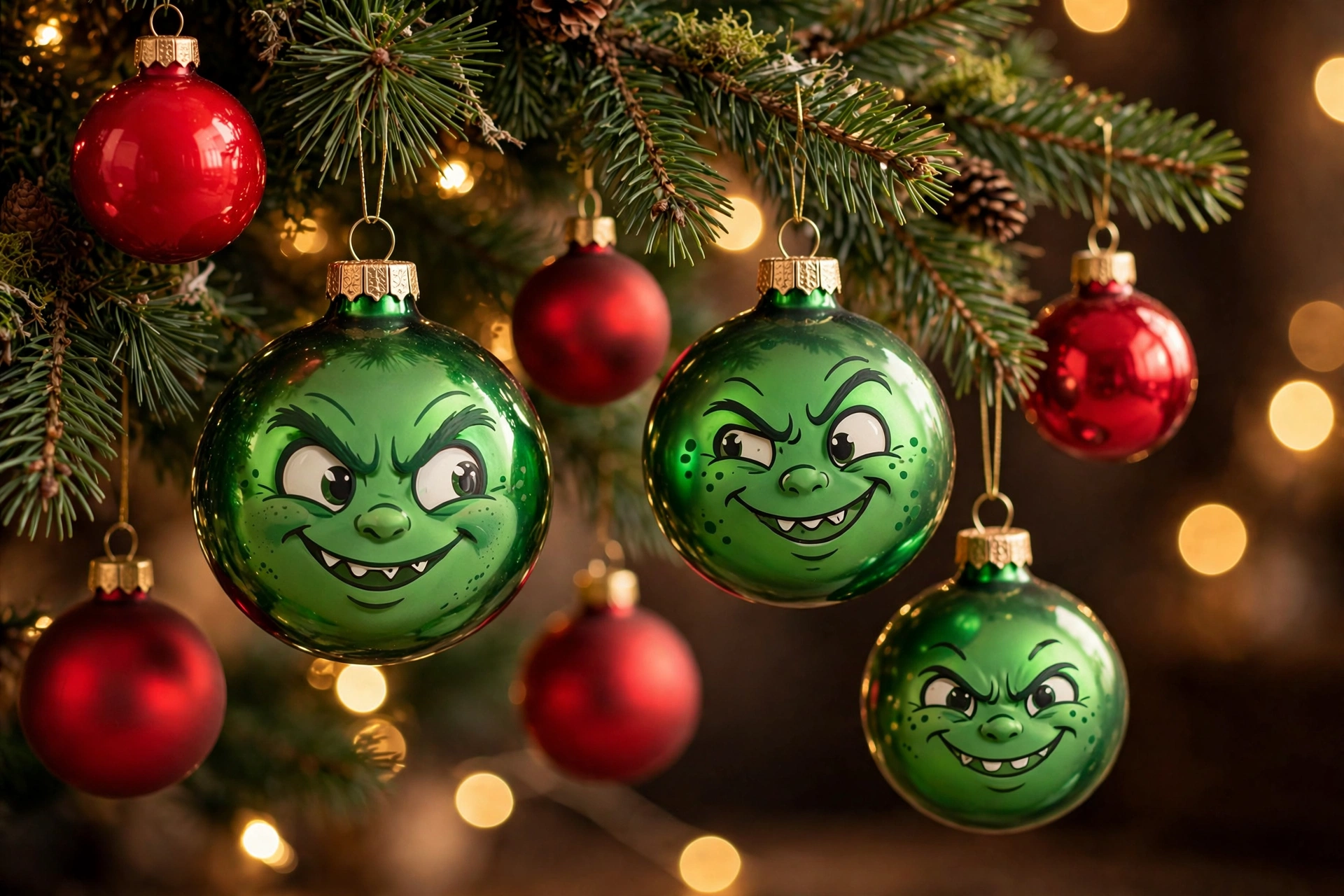 Green Grinch-inspired Christmas ornaments with red baubles on a tree branch