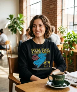 gym tan library black sweatshirt artisan cafe