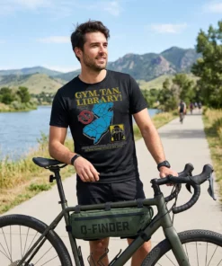 gym tan library black tshirt gravel bike