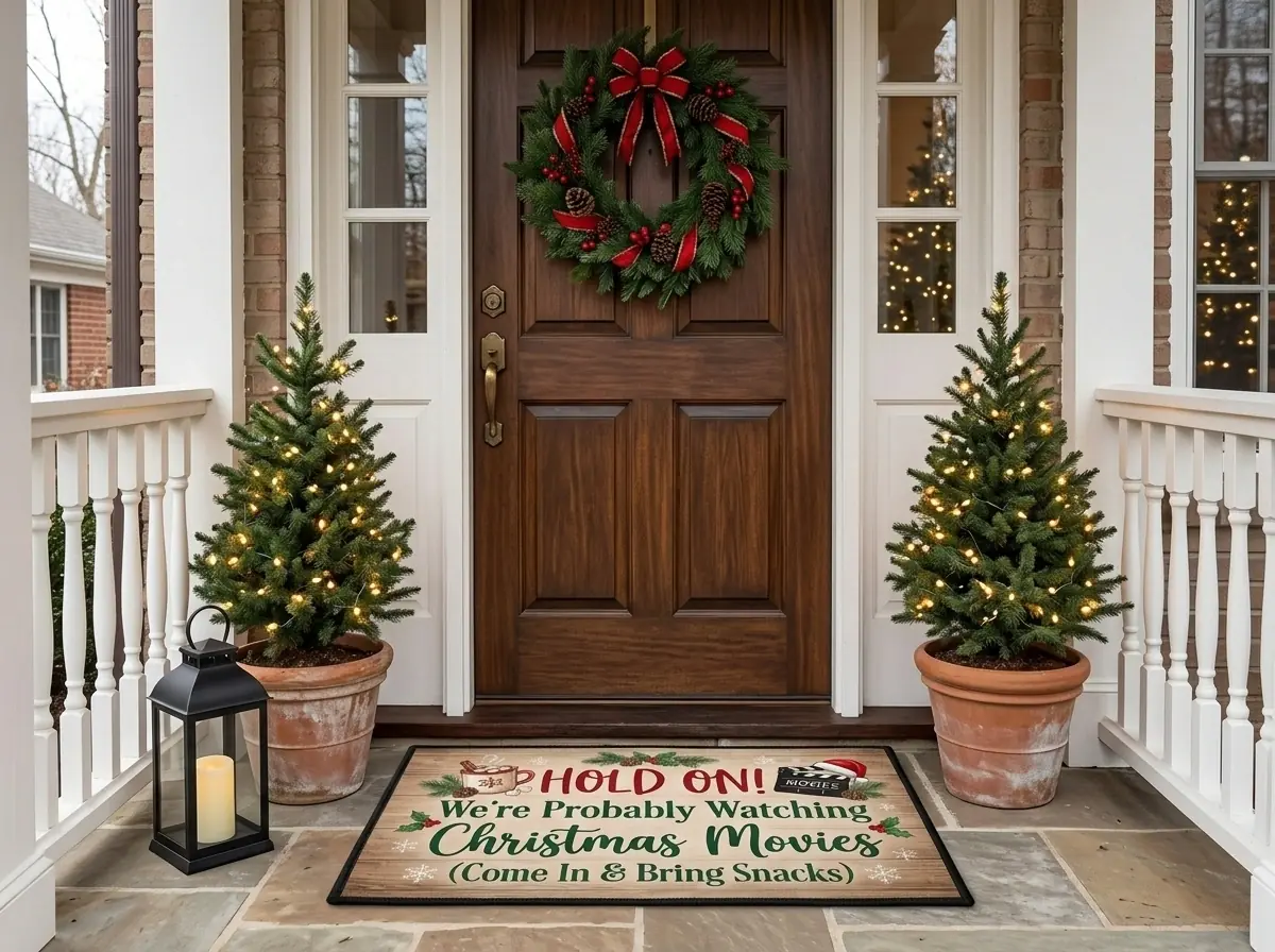 hold on were watching christmas movies cozy farmhouse holiday doormat mockup 2 Hold On Were Watching Christmas Movies Cozy Farmhouse Holiday Doormat - Front View Main Mockup