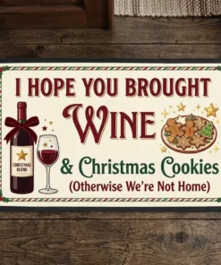 Hope You Brought Wine And Christmas Cookies Funny Entryway Holiday Doormat - Close-up Graphic Detail Mockup