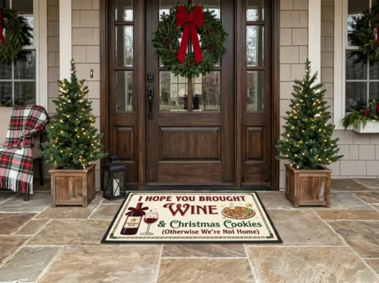 Hope You Brought Wine And Christmas Cookies Funny Entryway Holiday Doormat - Front View Main Mockup