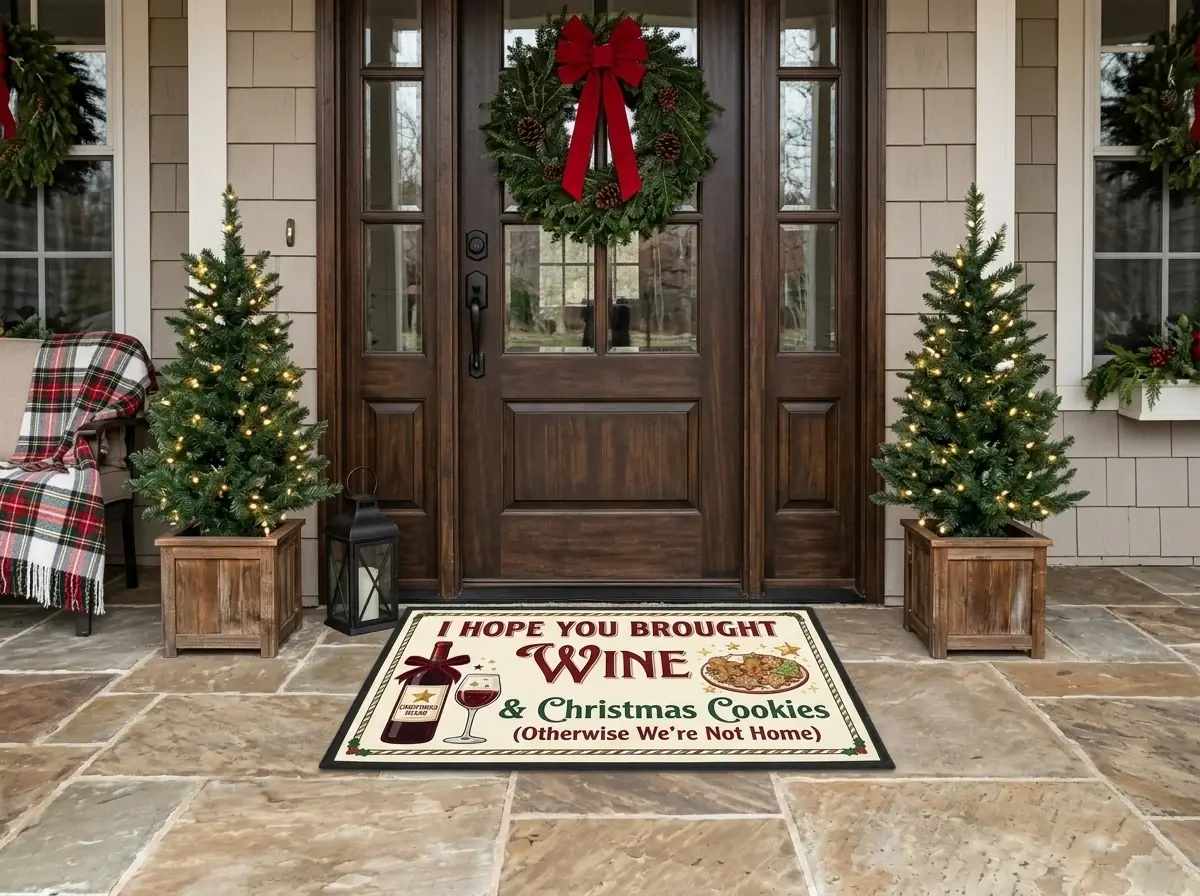 hope you brought wine and christmas cookies funny entryway holiday doormat mockup 2 Hope You Brought Wine And Christmas Cookies Funny Entryway Holiday Doormat - Front View Main Mockup