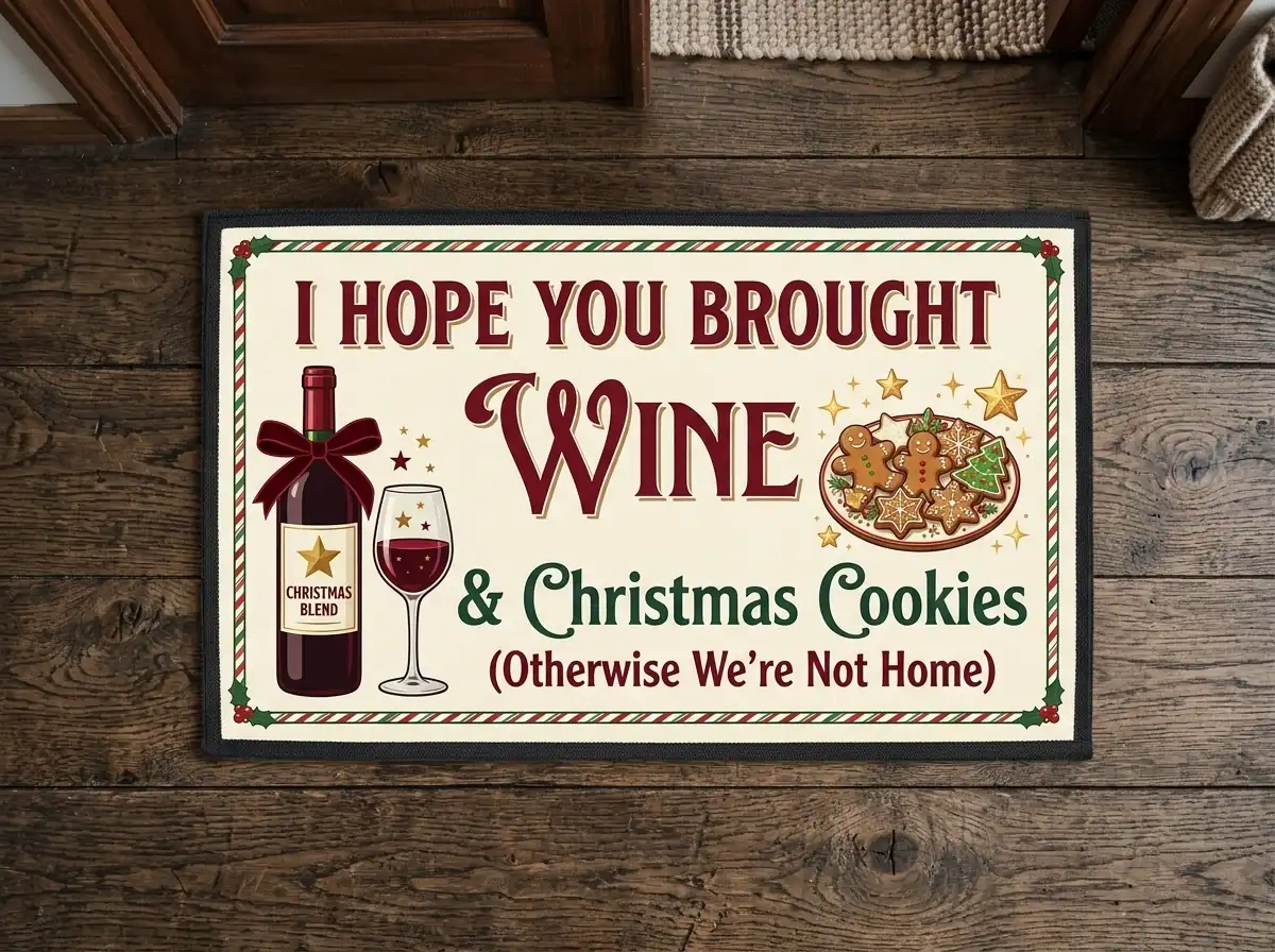 hope you brought wine and christmas cookies funny entryway holiday doormat Hope You Brought Wine And Christmas Cookies Funny Entryway Holiday Doormat - Close-up Graphic Detail Mockup