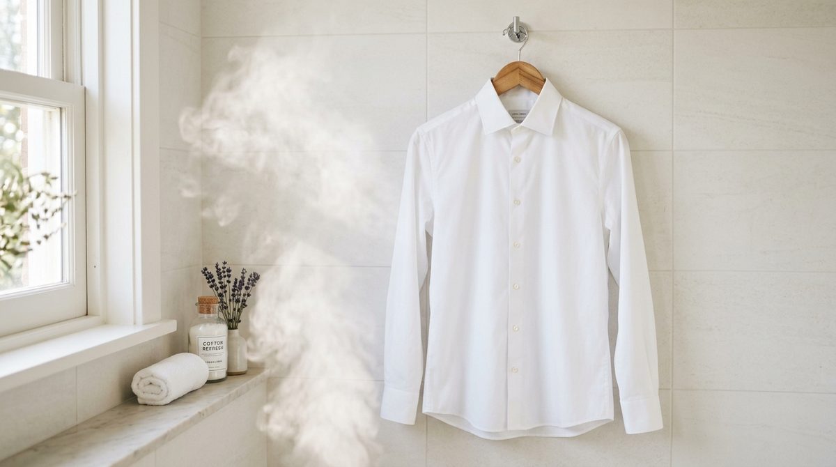 Crisp white cotton dress shirt hanging smoothly in steam-filled bathroom