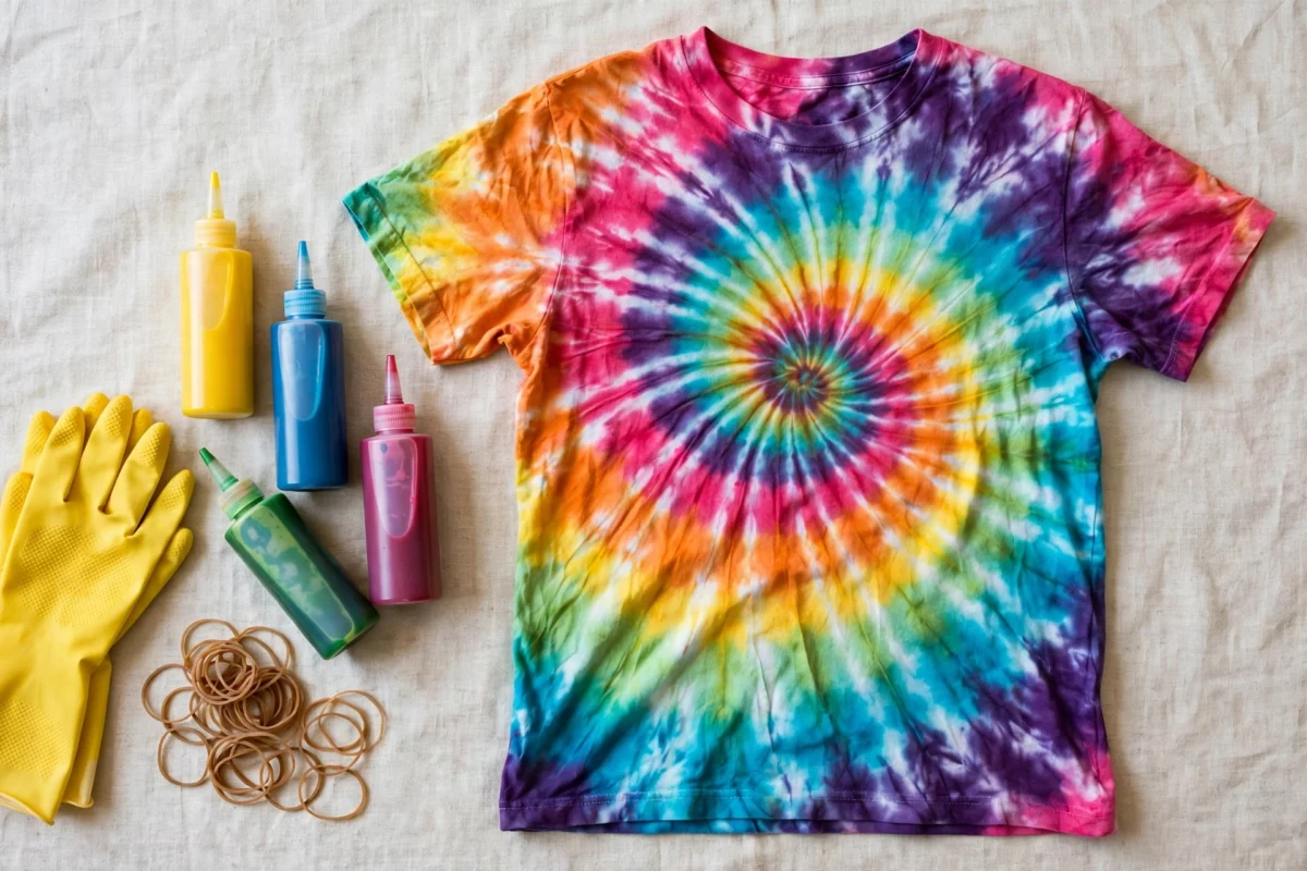 Handmade rainbow spiral tie-dye t-shirt laid flat beside squeeze bottles of dye, rubber bands and gloves for a DIY tie-dye project