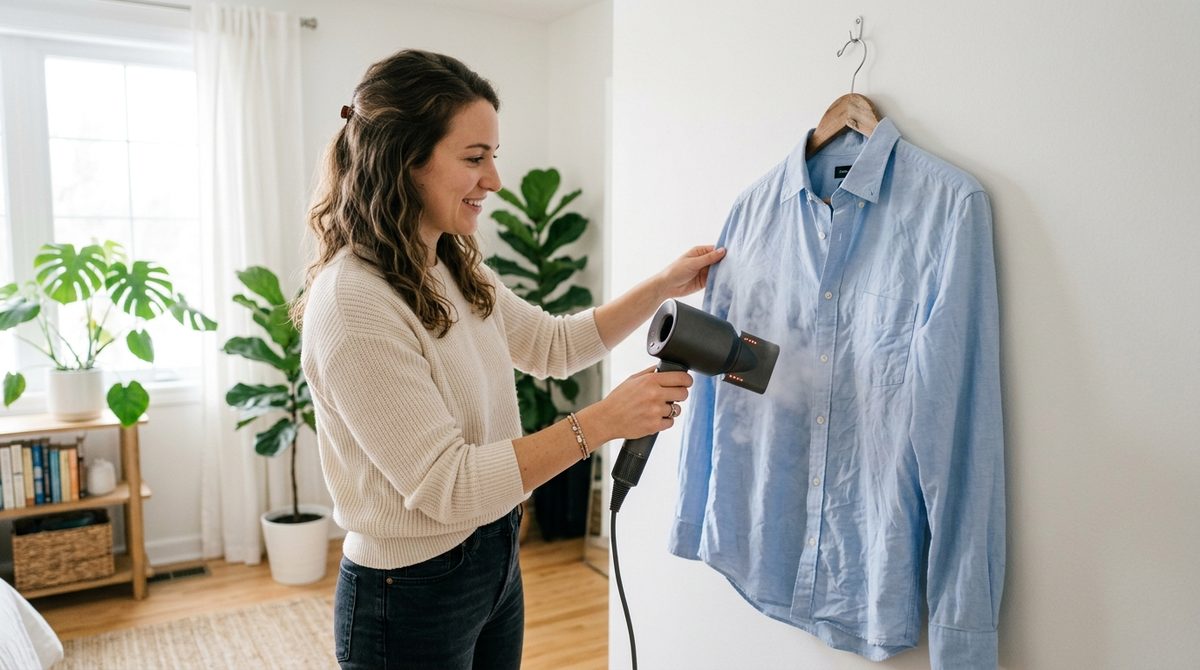 Woman using hair dryer and water mist to quickly smooth wrinkles from light blue cotton shirt