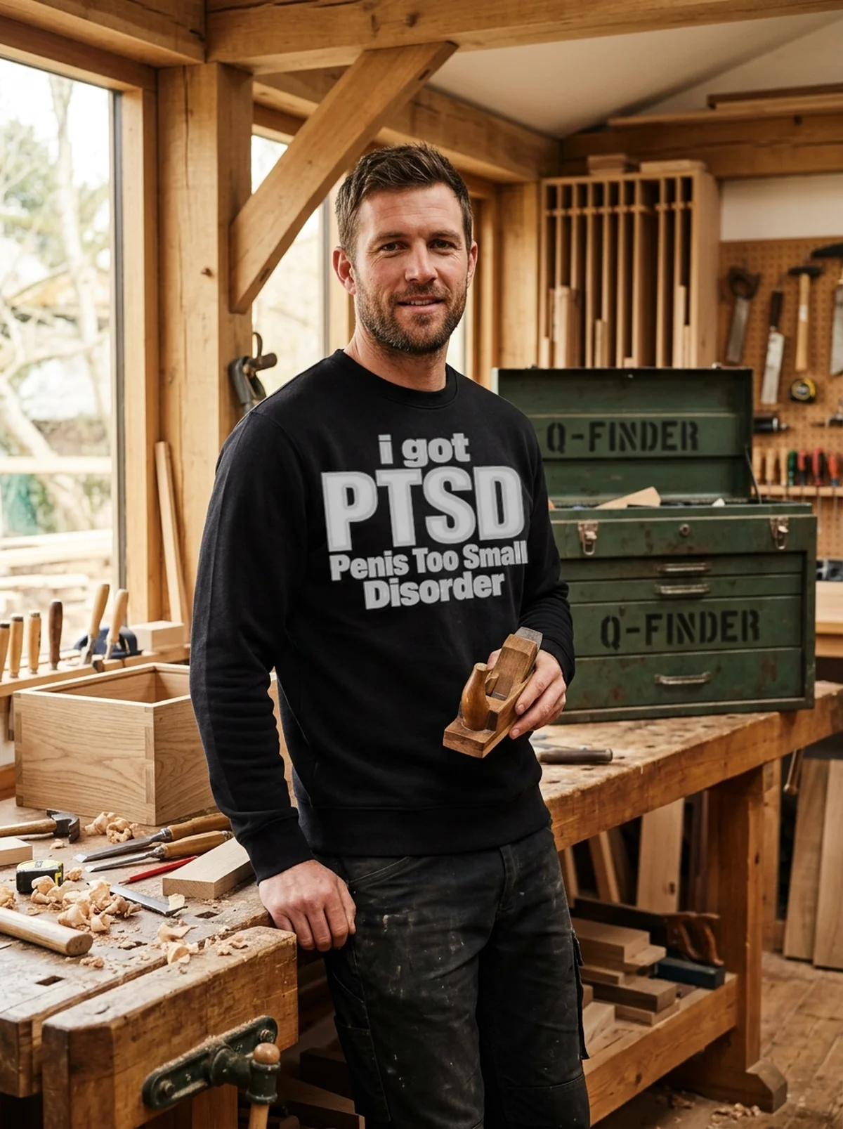 i got ptsd penis too small disorder black sweatshirt woodshop craftsman I Got PTSD, Penis Too Small Disorder Shirt - Close-up Graphic Detail Mockup