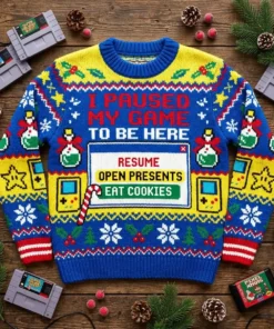 I Paused My Game To Be Here Christmas Gamer Ugly Christmas Sweater - Front View Main Mockup