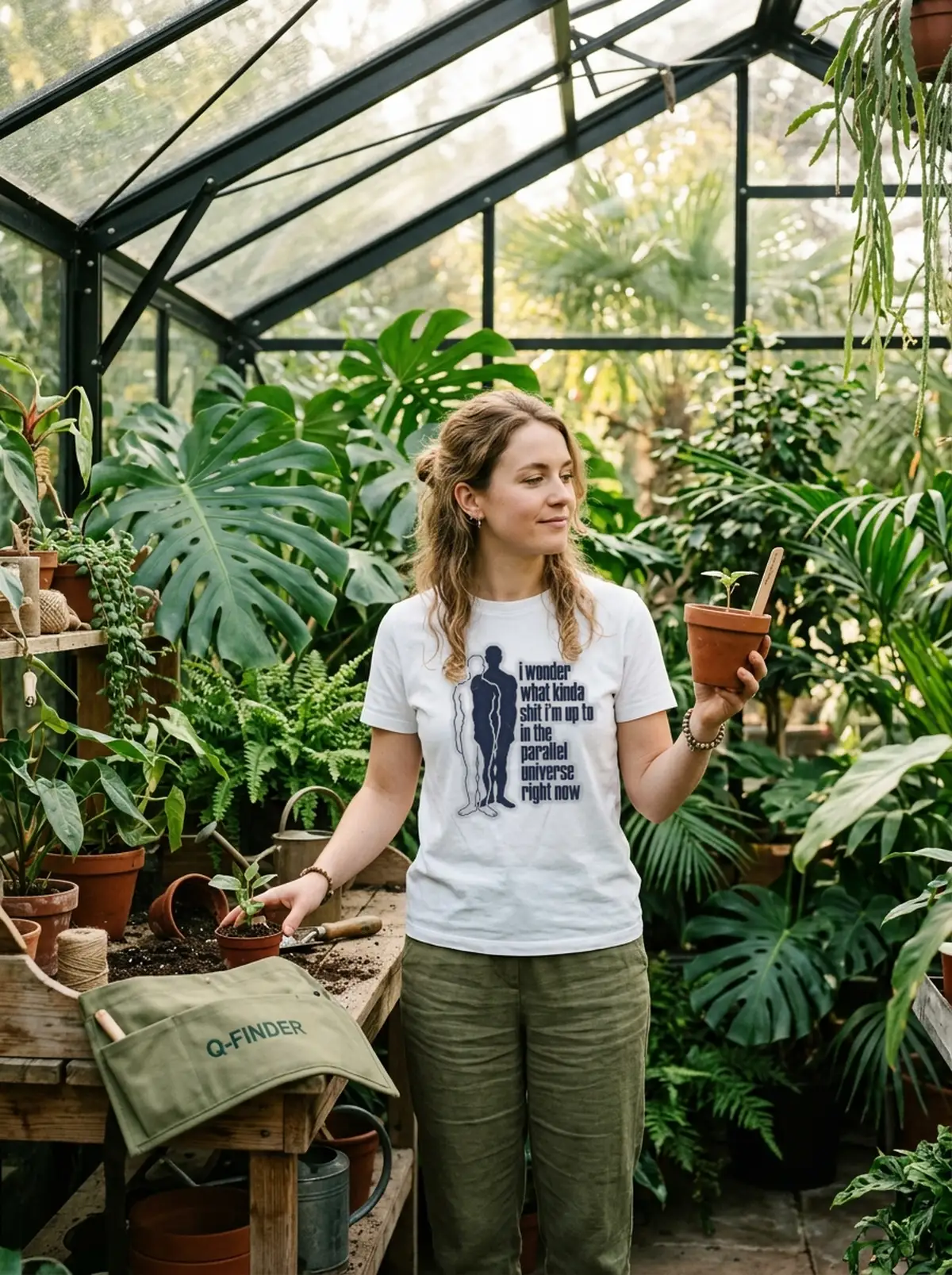 i wonder what kinda shit i m up to in the parallel universe right white tshirt greenhouse I Wonder What Kinda Shit IM Up To In The Parallel Universe Right Now Shirt - Front View Main Mockup