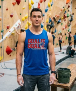 igor shesterkin goalie goal blue tanktop climbing gym