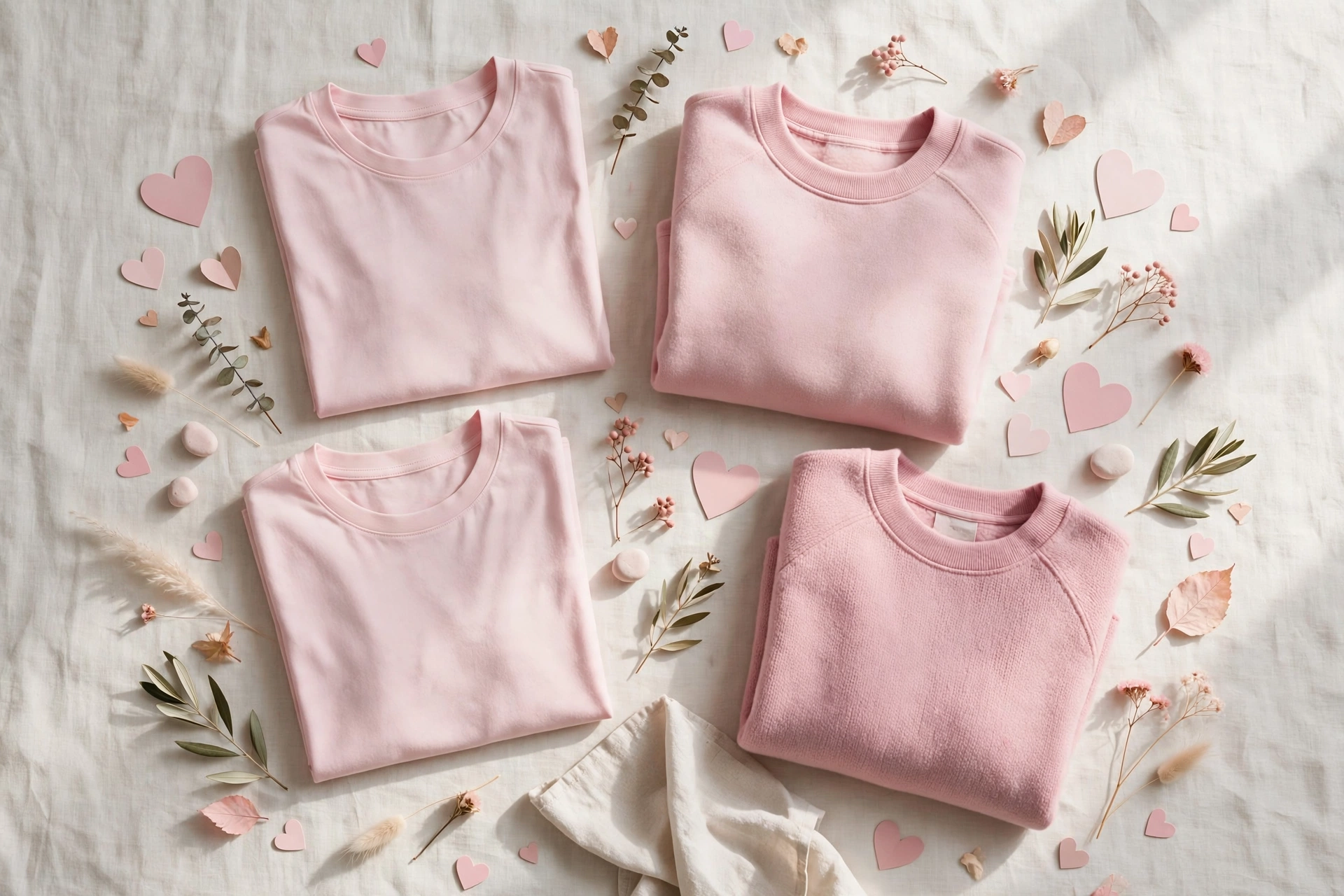 Folded soft pink t-shirts and sweatshirts with pink heart accents on a light background for October awareness