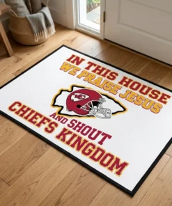 in this house we praise jesus and shout chiefs kingdom white doormat