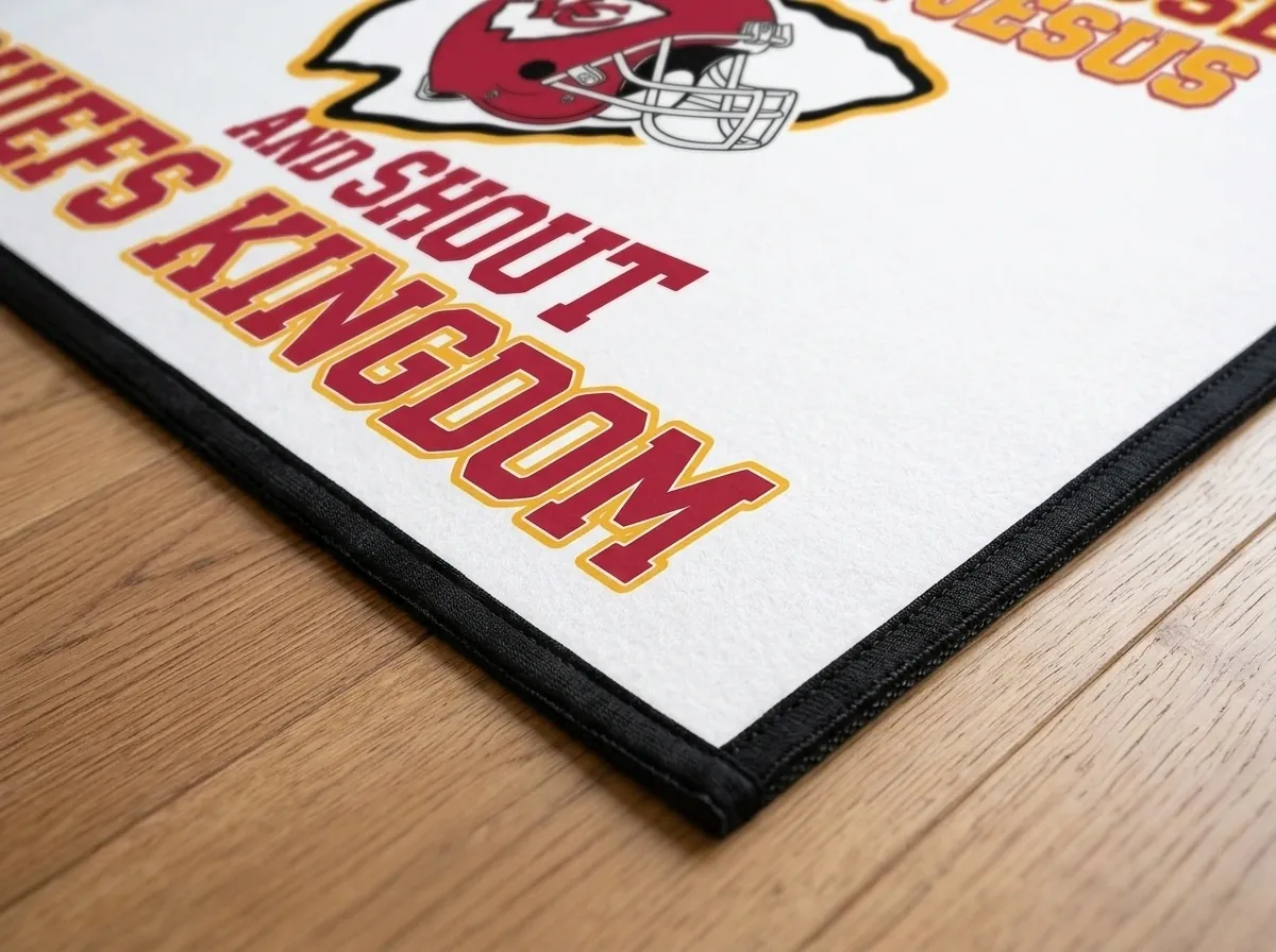In This House We Praise Jesus And Shout Chiefs Kingdom White Doormat - Design Preview