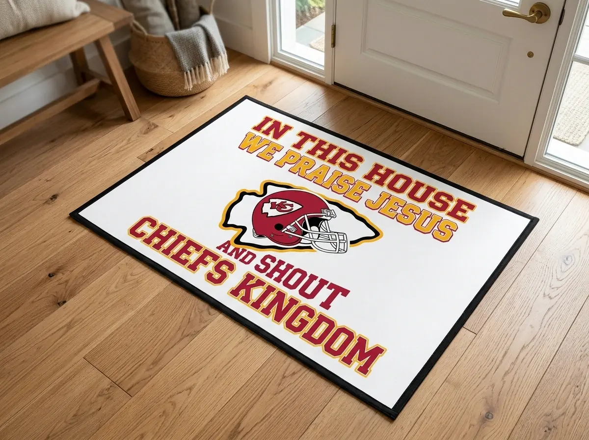 in this house we praise jesus and shout chiefs kingdom white doormat in this house we praise jesus and shout chiefs kingdom white doormat