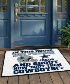 in this house we praise jesus and shout how bout them cowboys helmet doormat mockup 2