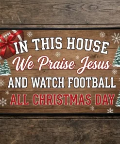In This House We Praise Jesus And Watch Football All Christmas Day Doormat - Close-up Graphic Detail Mockup