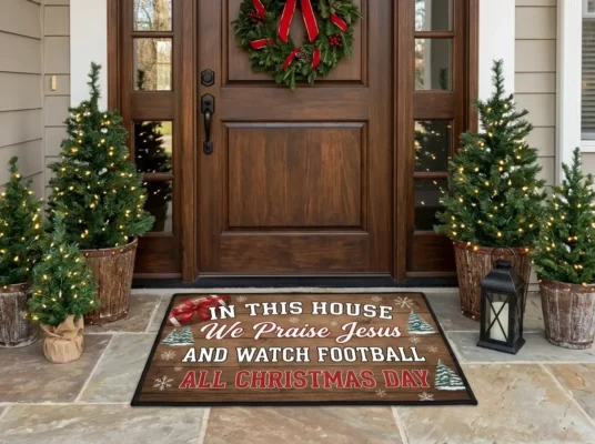 In This House We Praise Jesus And Watch Football All Christmas Day Doormat - Front View Main Mockup