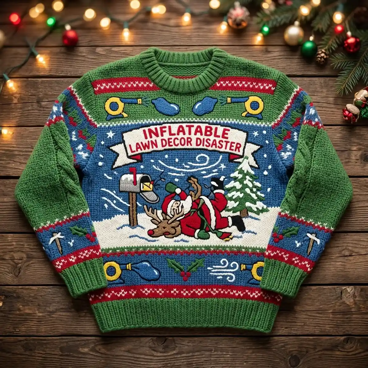 inflatable lawn decor disaster tangled snowglobe ugly christmas sweater 1 Inflatable Lawn Decor Disaster Tangled Snowglobe Windstorm Ugly Christmas Sweater - Front View Main Mockup