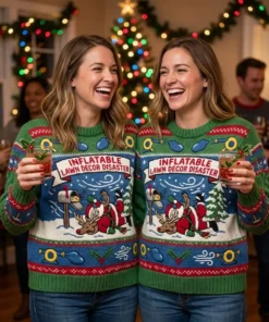 Inflatable Lawn Decor Disaster Tangled Snowglobe Windstorm Ugly Christmas Sweater - Lifestyle Model Mockup