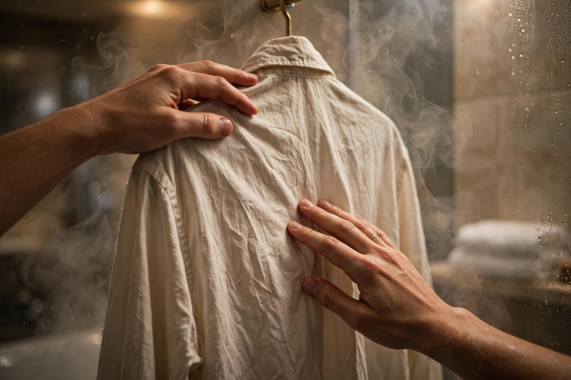 Hands smoothing a wrinkled shirt as steam rises in a bathroom