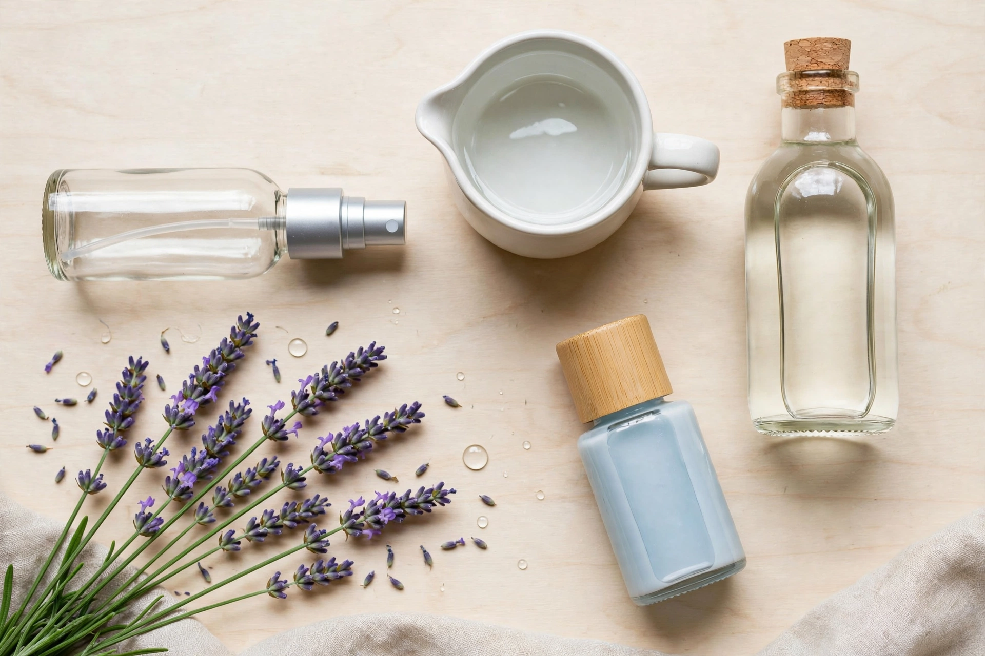 Flat lay of DIY wrinkle release spray ingredients on a light wooden countertop: a clear spray bottle beside water, white vinegar, hair conditioner, and lavender sprigs.