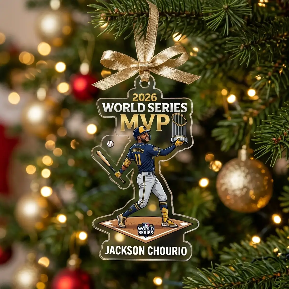 jackson chourio mvp bat flip 2026 world series champions milwaukee brewers custom acrylic ornament 1 Jackson Chourio MVP Bat Flip 2026 World Series Champions Milwaukee Brewers Custom Acrylic Ornament - Front View Main Mockup