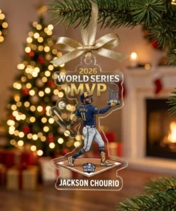 Jackson Chourio MVP Bat Flip 2026 World Series Champions Milwaukee Brewers Custom Acrylic Ornament - Lifestyle Model Mockup