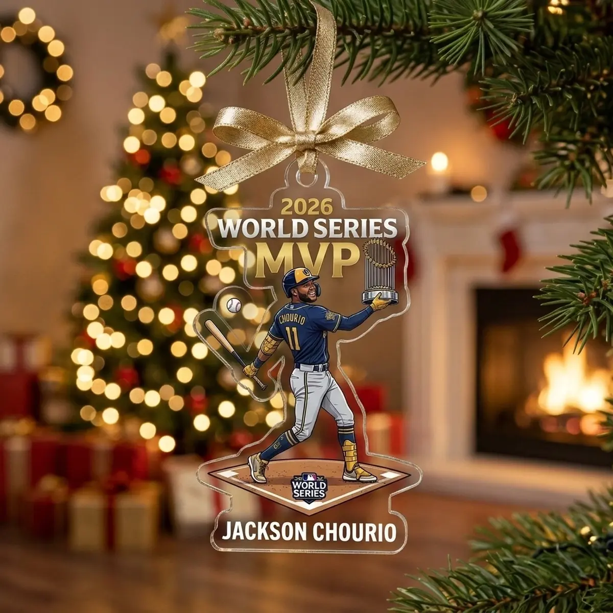 jackson chourio mvp bat flip 2026 world series champions milwaukee brewers custom acrylic ornament 2 Jackson Chourio MVP Bat Flip 2026 World Series Champions Milwaukee Brewers Custom Acrylic Ornament - Lifestyle Model Mockup