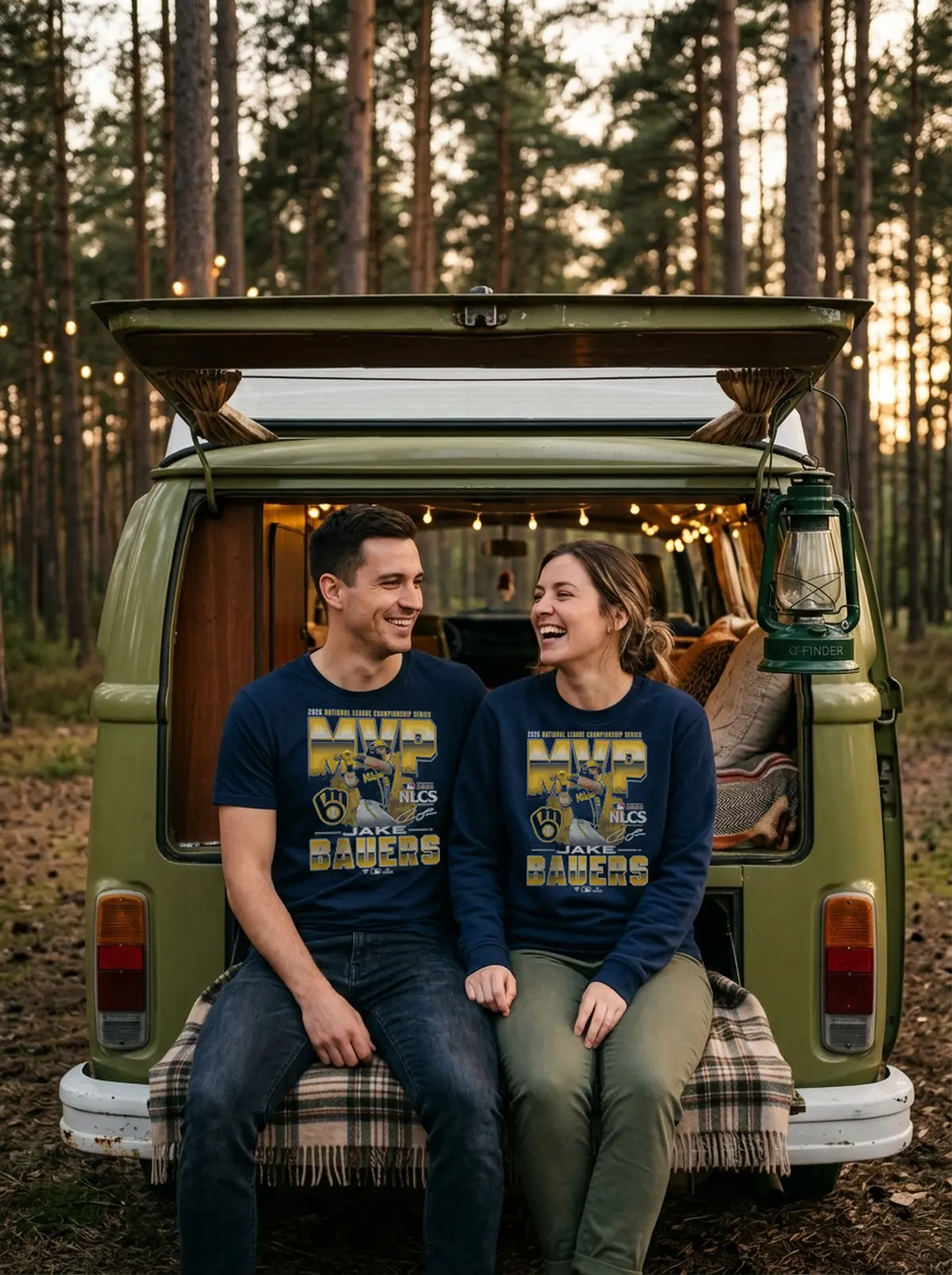 jake bauers milwaukee brewers 2026 national blue tshirt campervan tailgate couple Jake Bauers Milwaukee Brewers 2026 National League Championship Series MVP T-Shirt - Front View Main Mockup