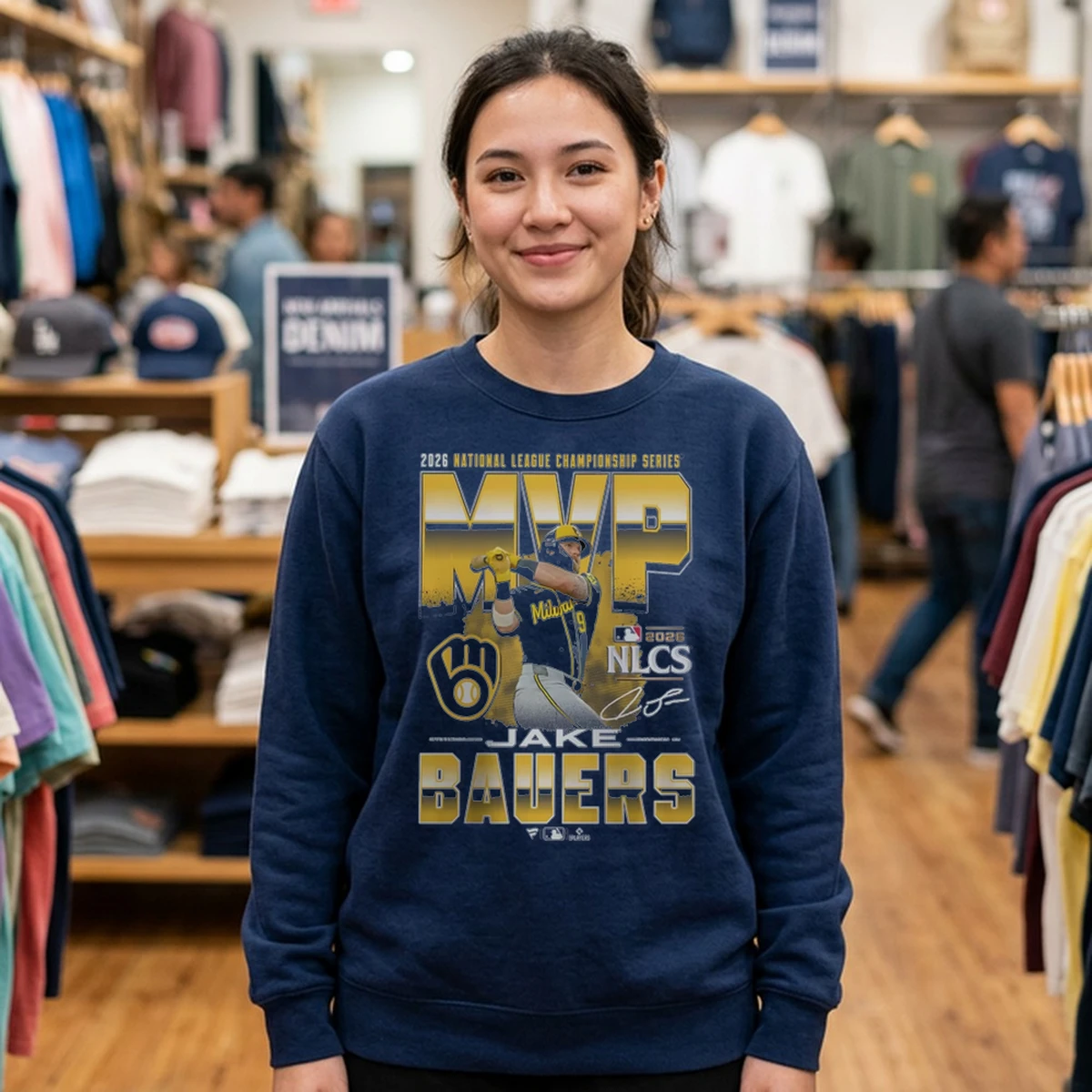 jake bauers milwaukee brewers 2026 national league championship se mock sweat navy Jake Bauers Milwaukee Brewers 2026 National League Championship Series MVP T-Shirt - Close-up Graphic Detail Mockup