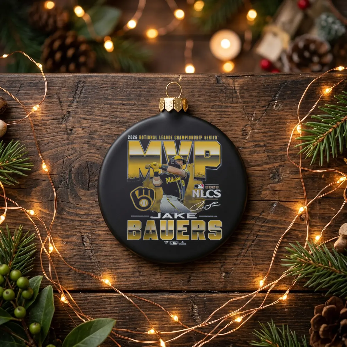 jake bauers milwaukee brewers 2026 national league championship ser black ornament Jake Bauers Milwaukee Brewers 2026 National League Championship Series MVP T-Shirt - Back or Alternative Angle Mockup
