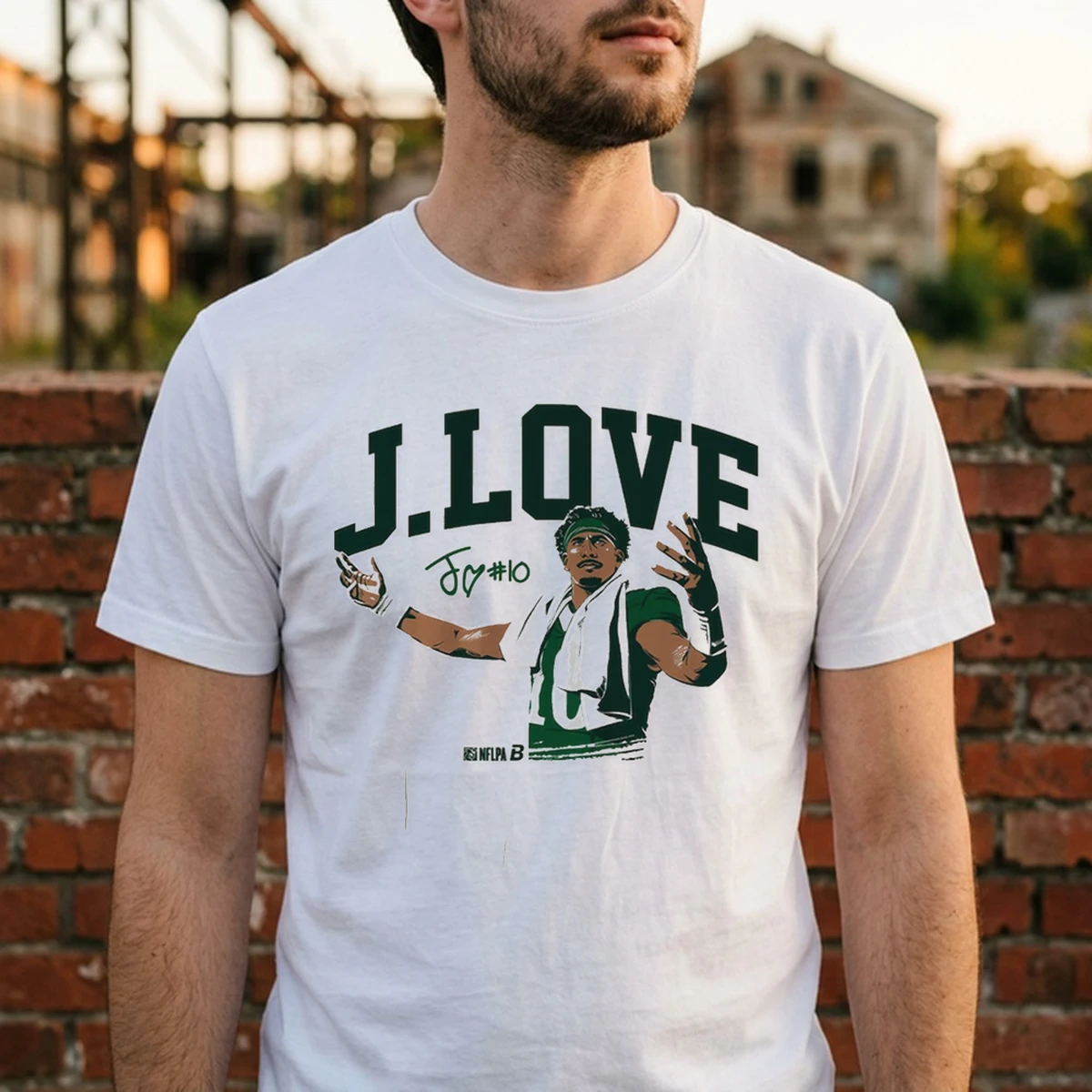 jordan love j love pose tshirt white male3 Jordan Love J. Love Pose T-Shirt - Front View Main Mockup