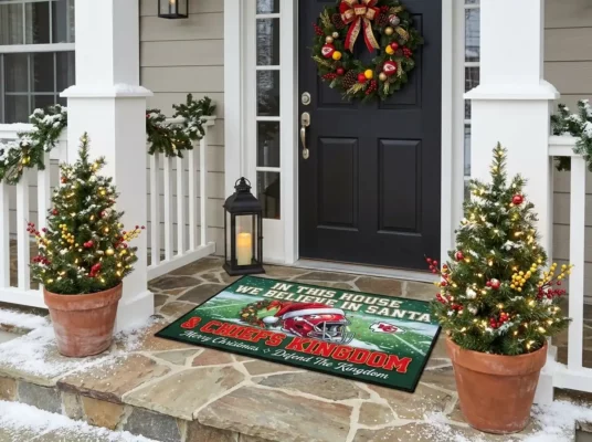 Kansas City Chiefs Kingdom Holiday Santa Hat Football Christmas Doormat - Front View Main Mockup