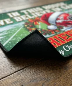 Kansas City Chiefs Kingdom Holiday Santa Hat Football Christmas Doormat - Lifestyle Model Mockup