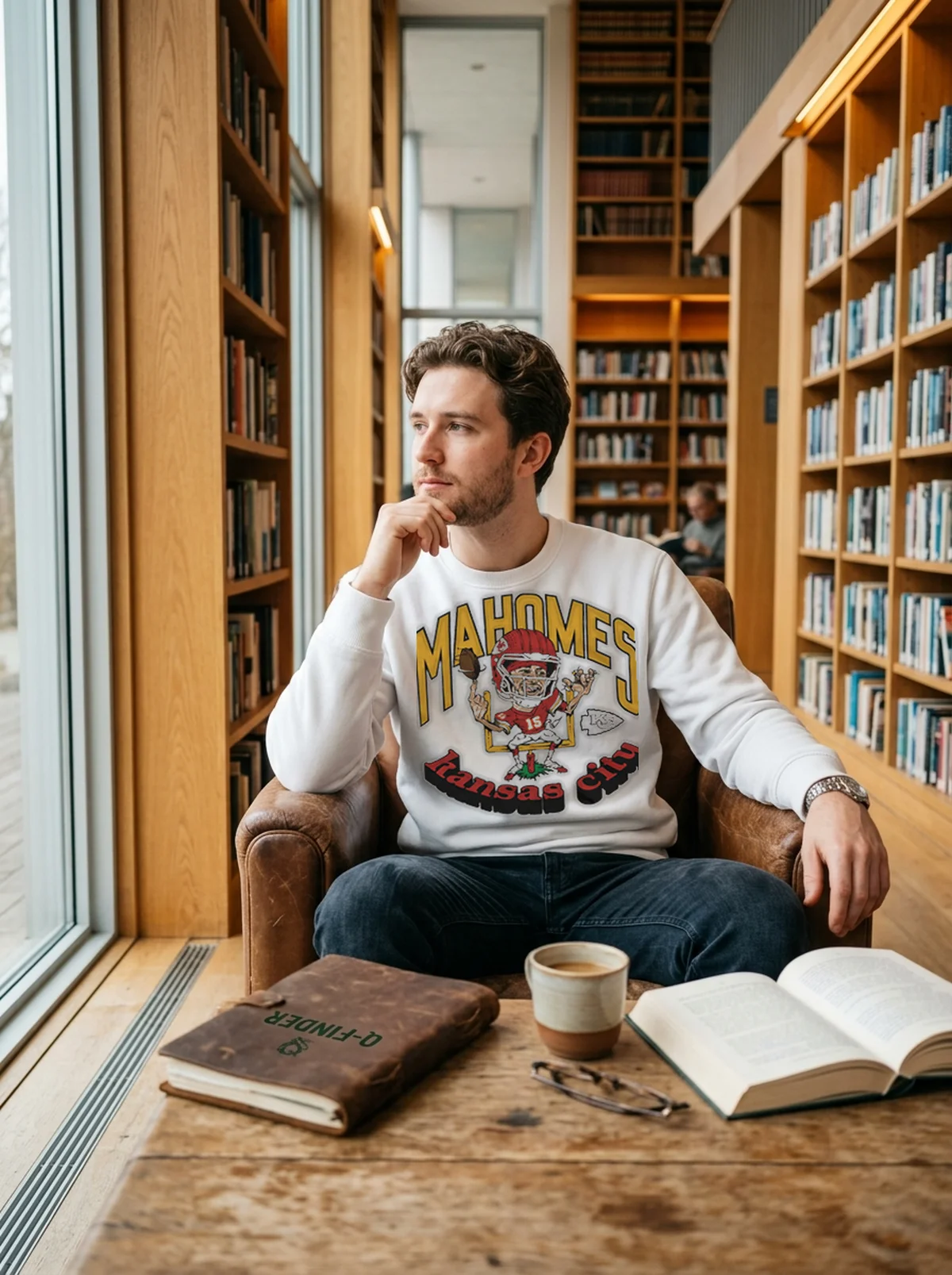 kansas city chiefs patrick mahomes goal post white sweatshirt book lounge Kansas City Chiefs Patrick Mahomes Goal Post Shirt - Close-up Graphic Detail Mockup