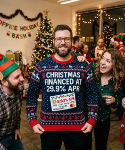 layaway sleigh high interest rate inflation sarcastic christmas sweater