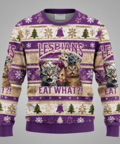 lesbians eat what cat meme ugly christmas sweater funny queer holiday crewneck sweatshirt 1