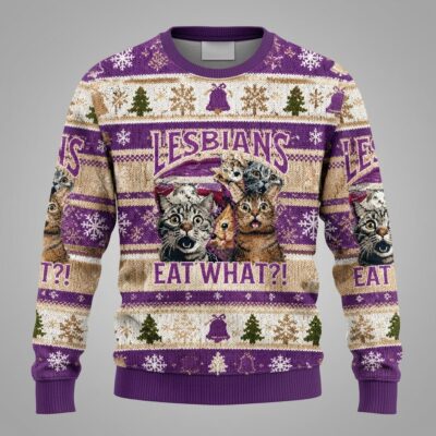 lesbians eat what cat meme ugly christmas sweater funny queer holiday crewneck sweatshirt 1