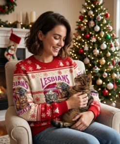 lesbians eat what cat meme ugly christmas sweater funny queer holiday crewneck sweatshirt 2